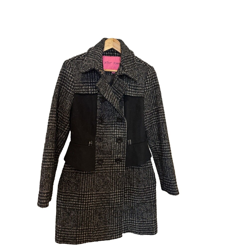 Betsey Johnson Grey Black Double Breasted Pea Coat Women's 8 Peplum Wool blend